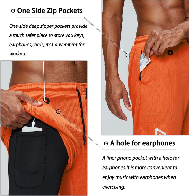 Pinkbomb Men's 2 in 1 Running Shorts Gym Workout Quick Dry Mens Shorts with Phone Pocket (Orange, Large - Image 2